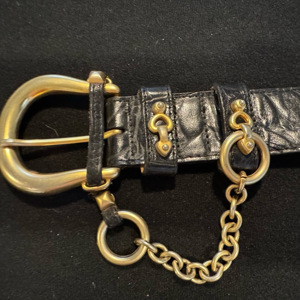 Black Leather Belt with Gold Buckle and Chain
